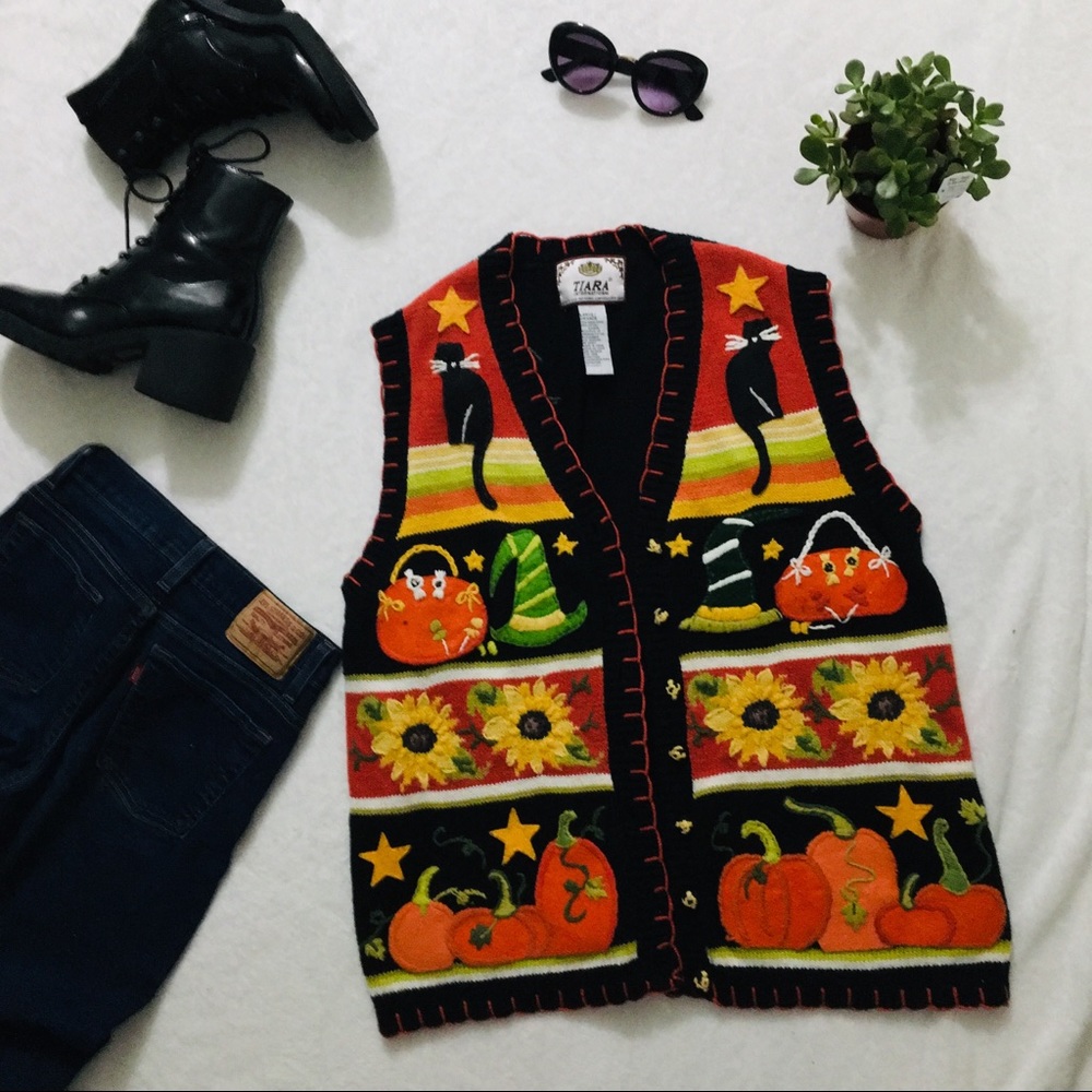 FREE 🍓 vintage witchy cat autumn sunflower vest